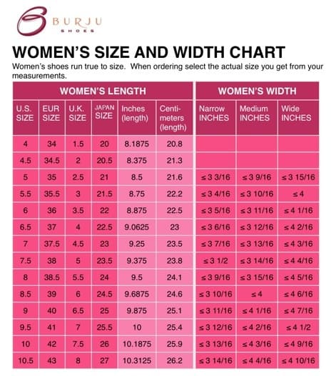 women shoe width chart